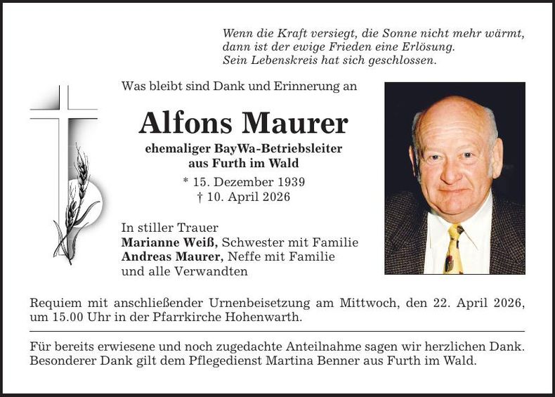 Traueranzeige Alfons Maurer