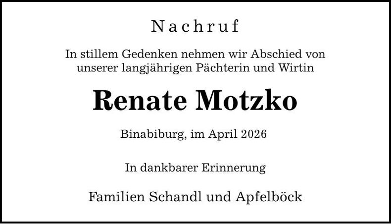Traueranzeige Renate Motzko