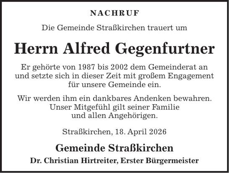 Traueranzeige Alfred Gegenfurtner