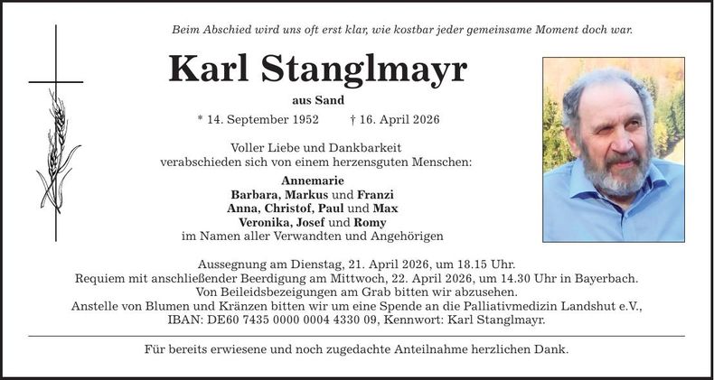 Traueranzeige Karl Stanglmayr