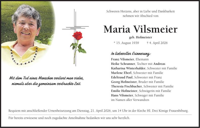 Traueranzeige Maria Vilsmeier