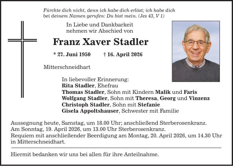 Traueranzeige Xaver Stadler