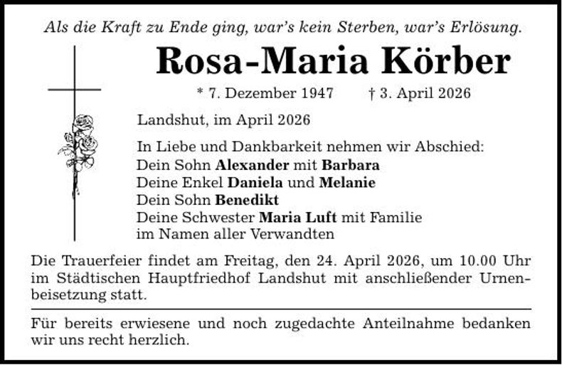 Traueranzeige Rosa-Maria Körber