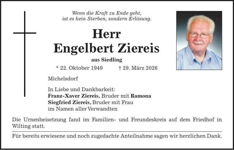 Traueranzeige Engelbert Ziereis