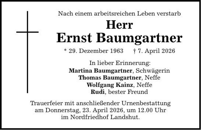 Traueranzeige Ernst Baumgartner
