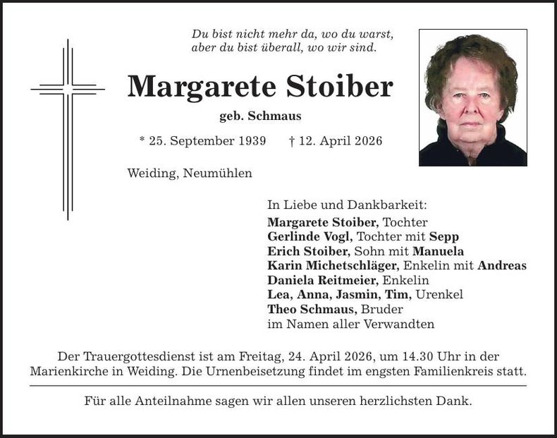Traueranzeige Margarete Stoiber