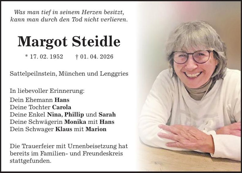 Traueranzeige Margot Steidle