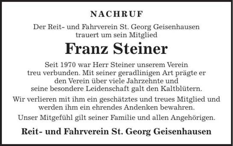 Traueranzeige Franz Steiner 