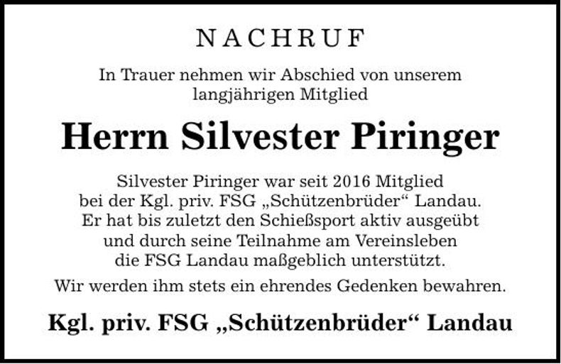 Traueranzeige Silvester Piringer