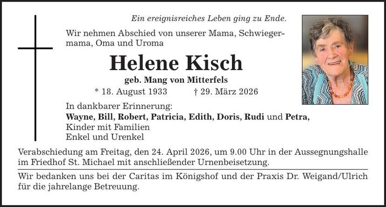 Traueranzeige Helene Kisch