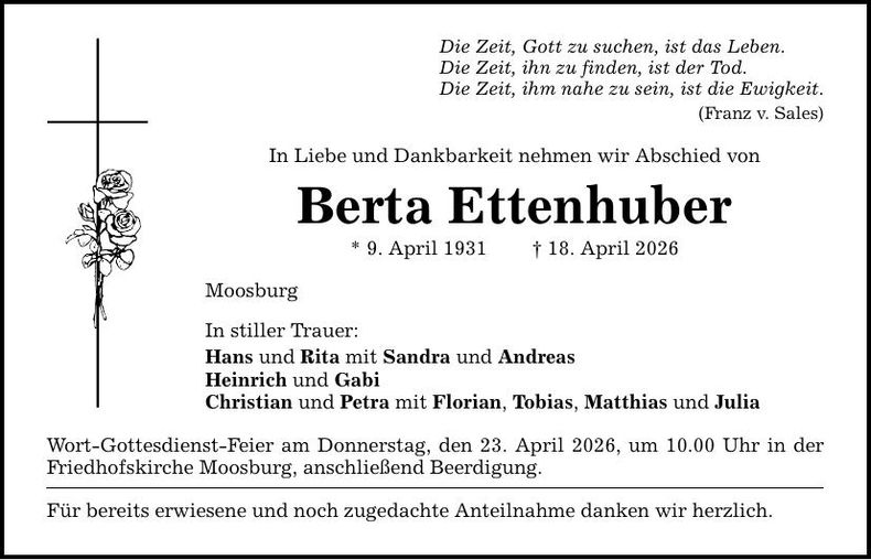 Traueranzeige Berta Ettenhuber