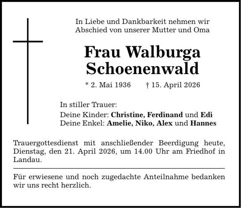 Traueranzeige Walburga Schoenenwald