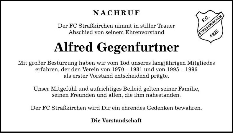 Traueranzeige Alfred Gegenfurtner