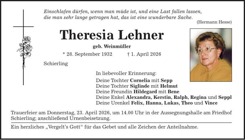 Traueranzeige Theresa Lehner