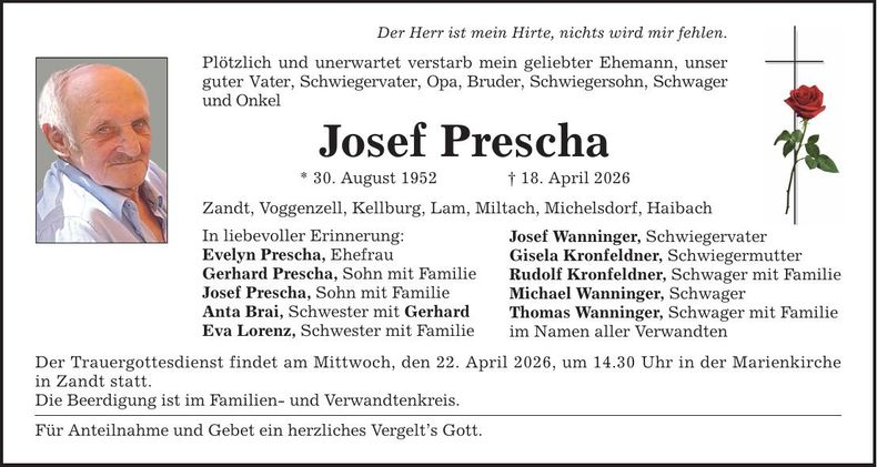 Traueranzeige Josef Prescha