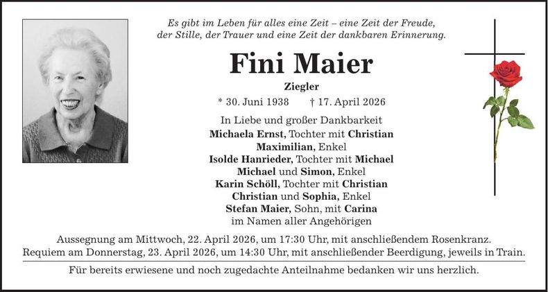 Traueranzeige Adolfine Maier