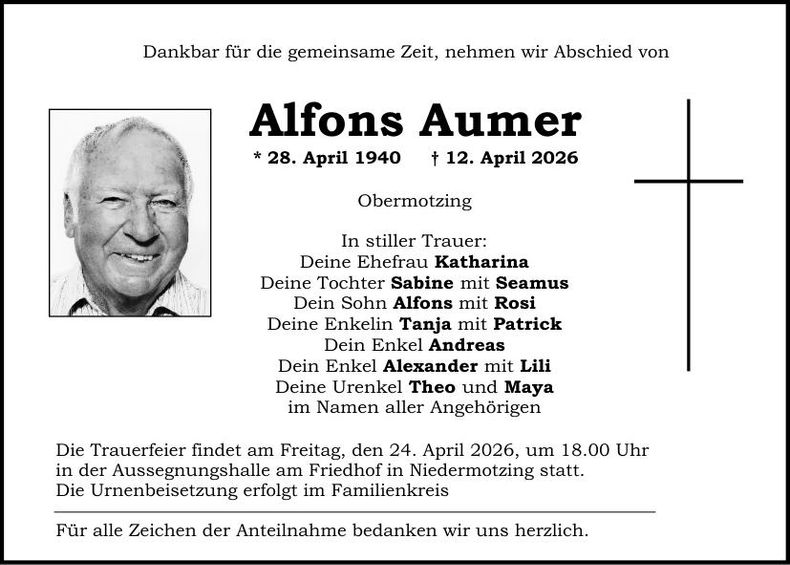Traueranzeige Alfons Aumer