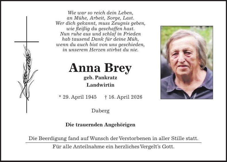 Traueranzeige Anna Brey
