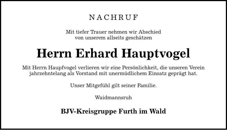 Traueranzeige Erhard Hauptvogel
