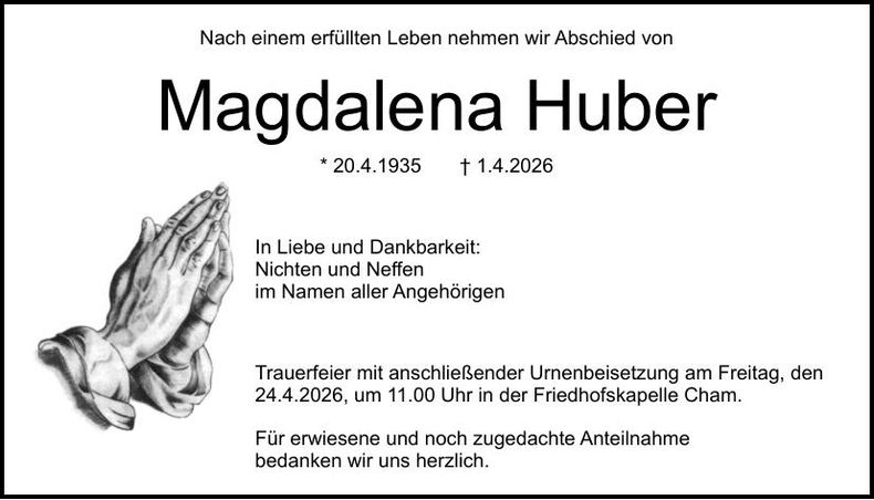 Traueranzeige Magdalena Huber