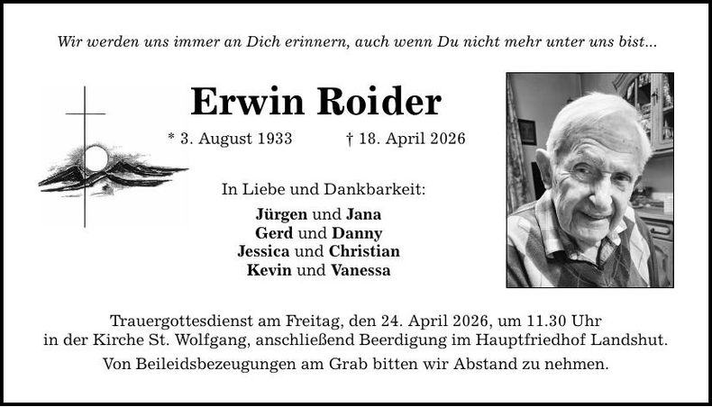 Traueranzeige Erwin Roider