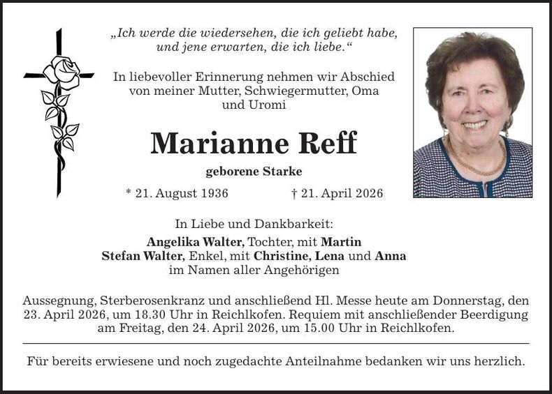 Traueranzeige Marianne Reff
