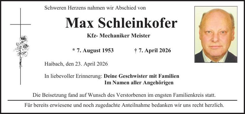 Traueranzeige Max Schleinkofer