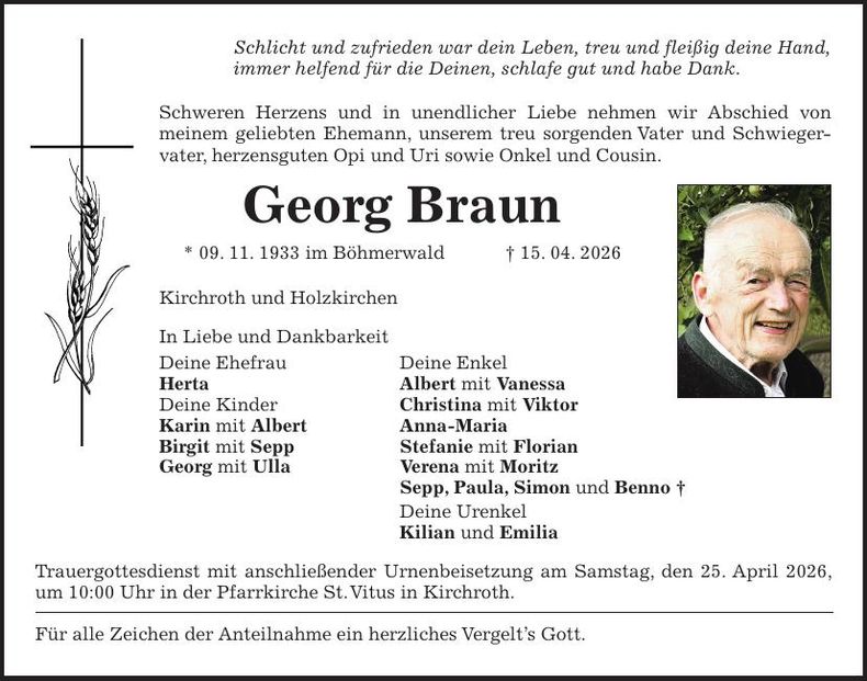 Traueranzeige  Georg Braun