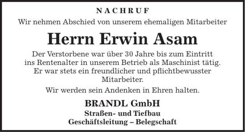 Traueranzeige Erwin Asam