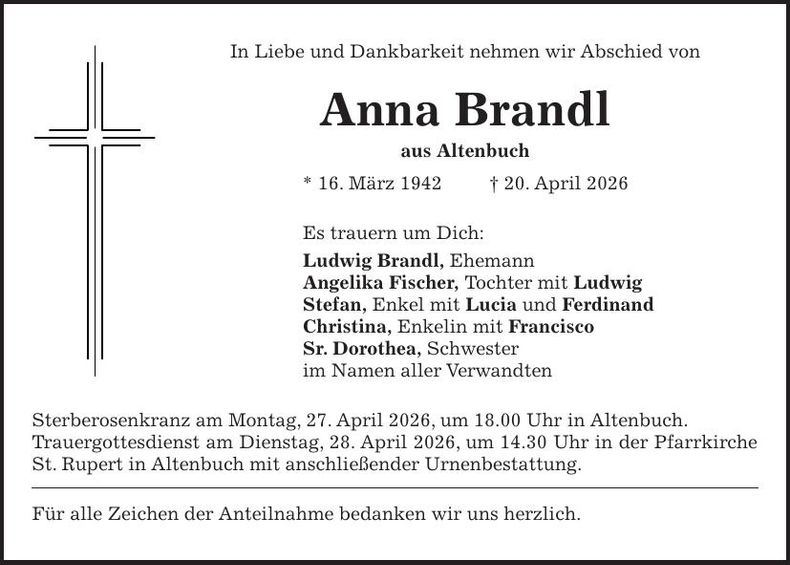 Traueranzeige Anna Brandl