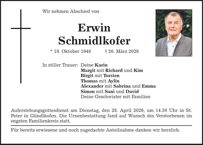 Traueranzeige Erwin Schmidlkofer