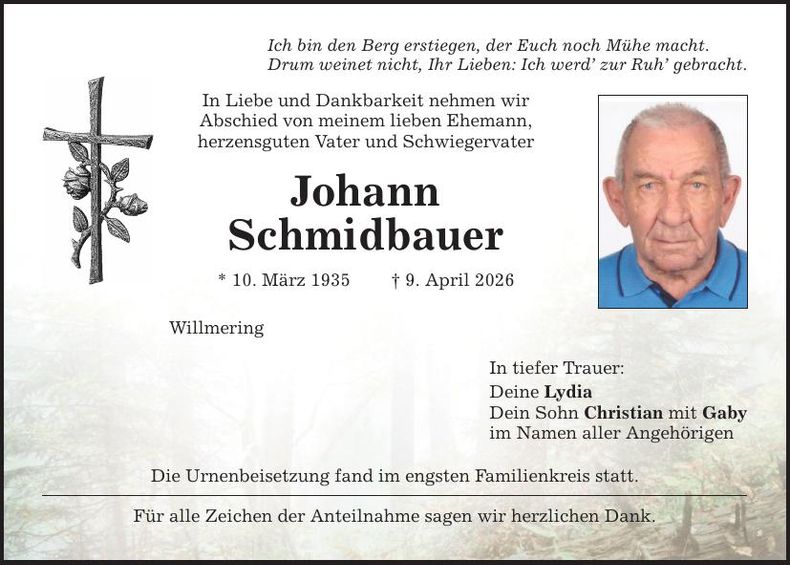 Traueranzeige Johann Schmidbauer