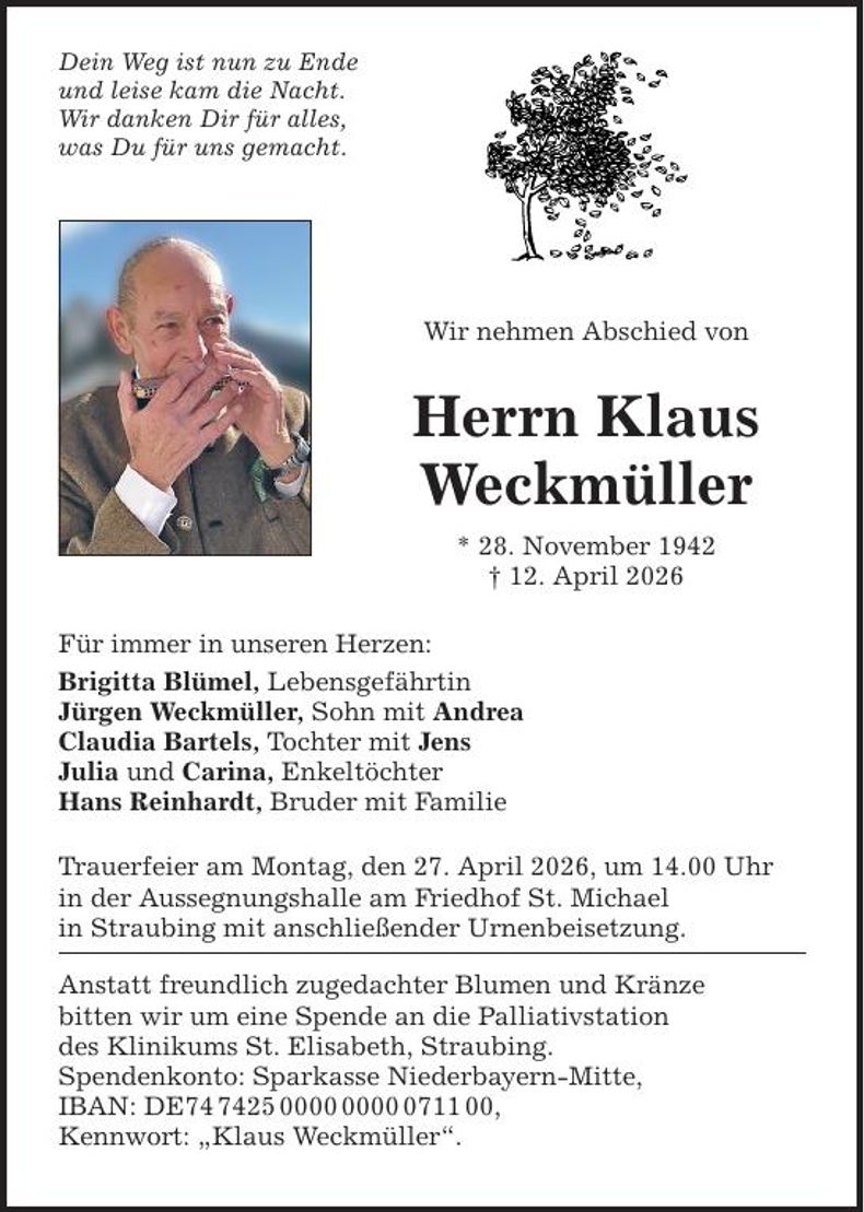 Traueranzeige Klaus Weckmueller