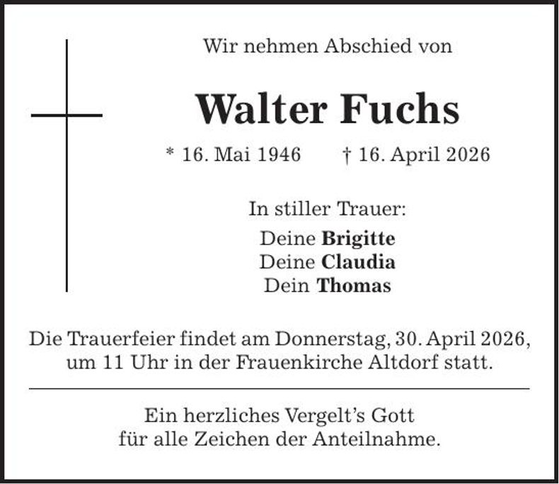 Traueranzeige Walter Fuchs