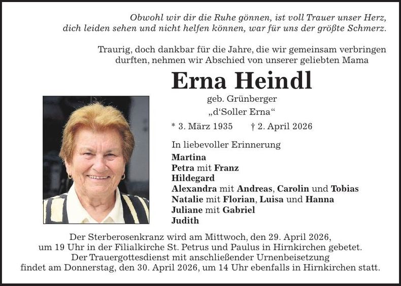 Traueranzeige Erna Heindl