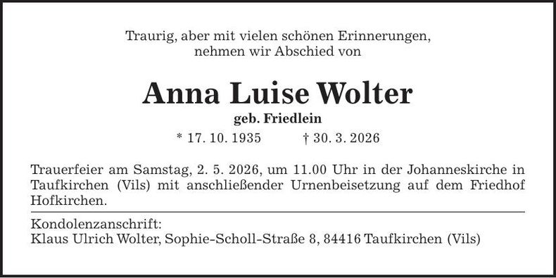 Traueranzeige Anna Luise Wolter
