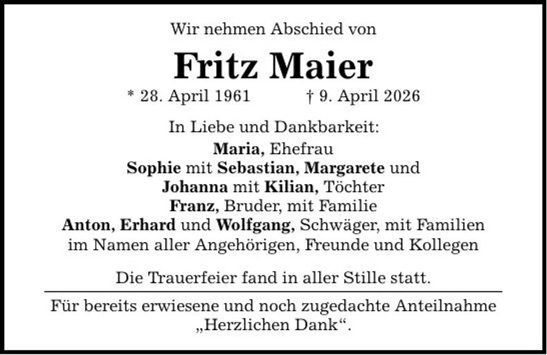 Traueranzeige Fritz Maier