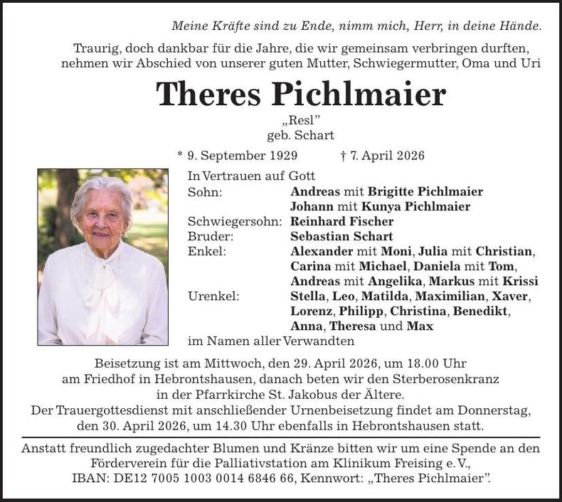 Traueranzeige Theres Pichlmaier
