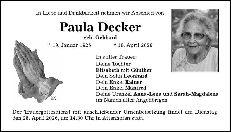 Traueranzeige Paula Decker