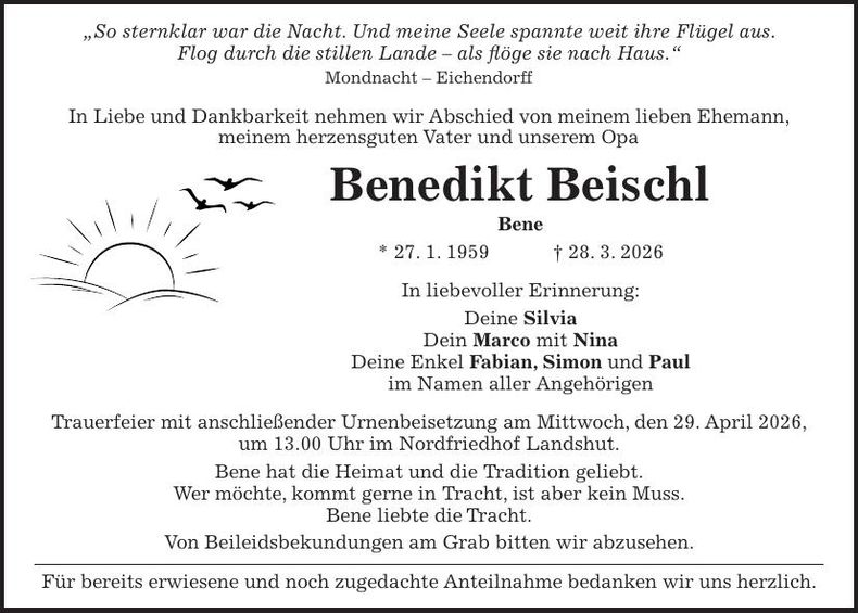 Traueranzeige Benedikt Beischl