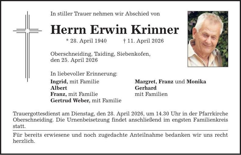 Traueranzeige Erwin Krinner