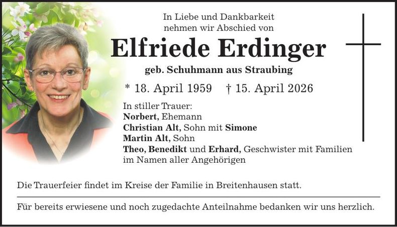 Traueranzeige Elfriede Erdinger