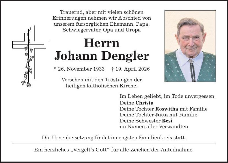 Traueranzeige Johann Dengler