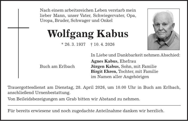 Traueranzeige Wolfgang Kabus