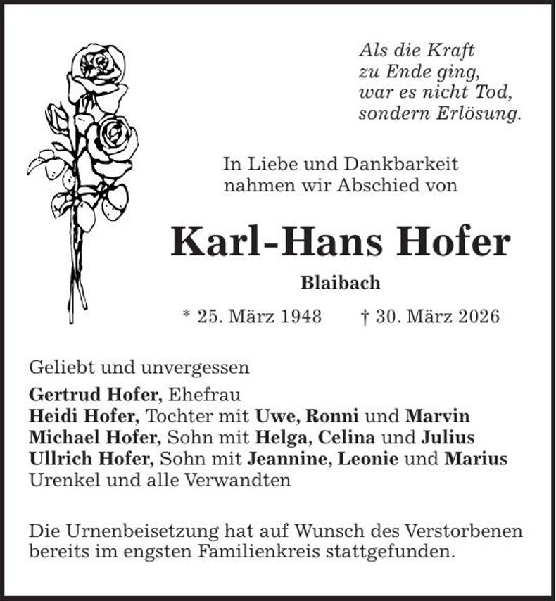 Traueranzeige Karl-Hans Hofer