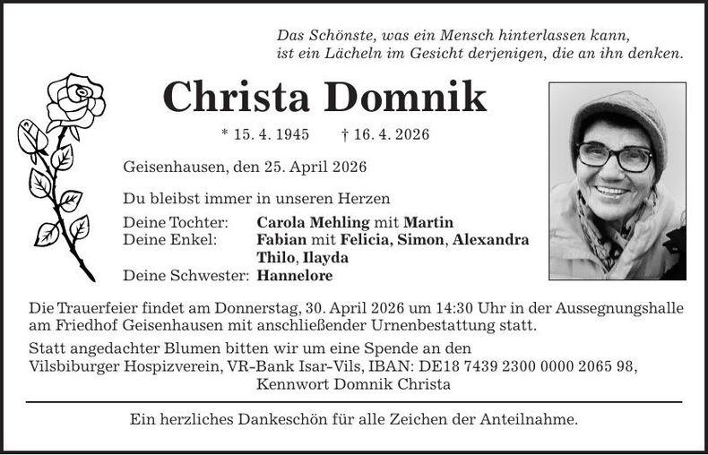 Traueranzeige Christa Domnik
