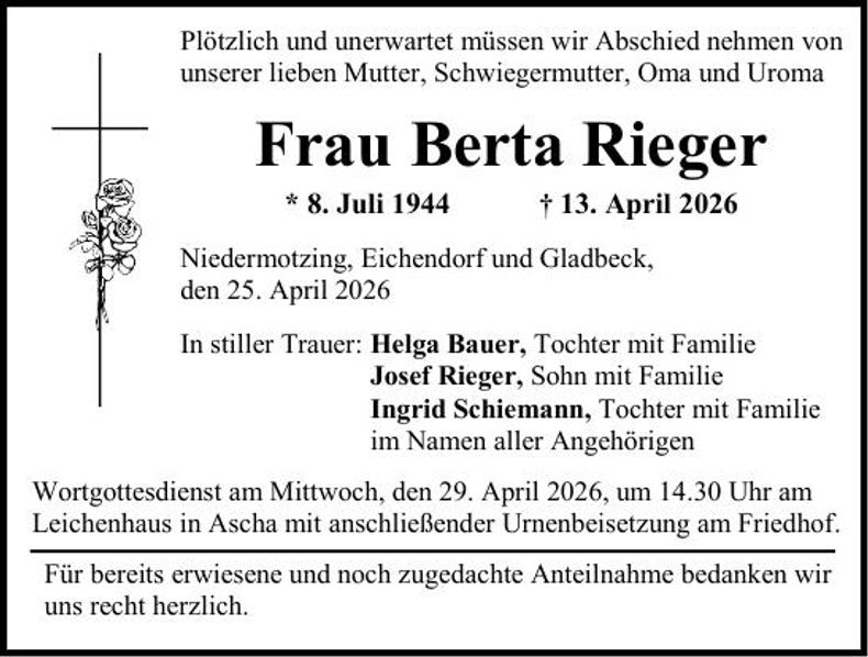 Traueranzeige Berta Rieger