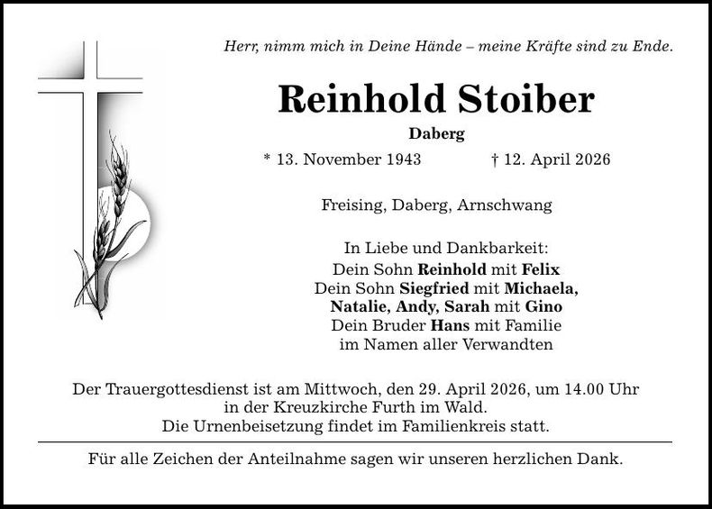 Traueranzeige Reinhold Stoiber