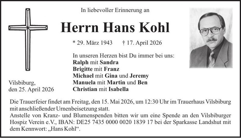 Traueranzeige Hans Kohl