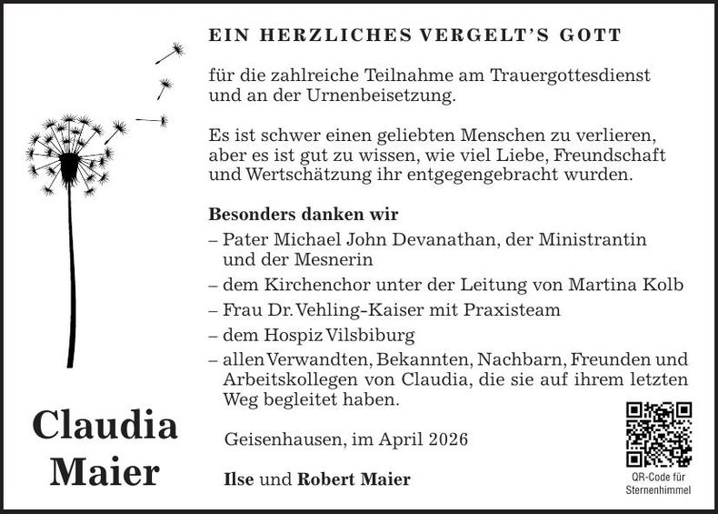 Traueranzeige Claudia Maier